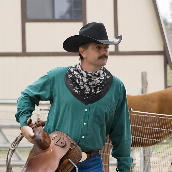 ⚡Men Black Sperry Necktie 27.5 Inches Cowboy Scarves Pocket Square Silk Bandanas - Picture 2 of 8